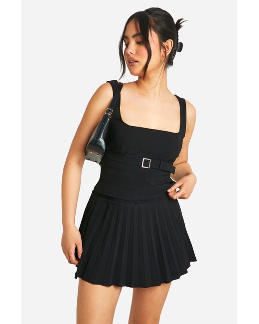 Boohoo Black Square Neck Longline Top & Pleated Mini Skirt