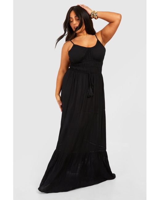 Boohoo Black Plus Crinkle Tassel Detail Beach Maxi Dress