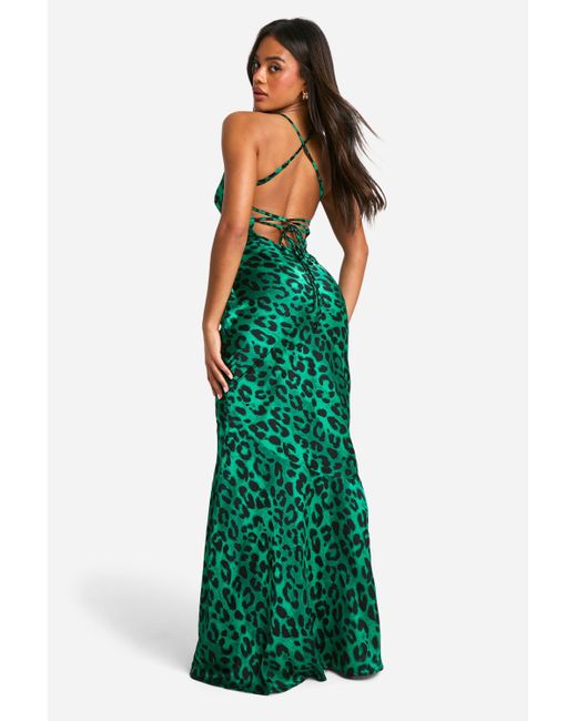 Boohoo Green Leopard Print Tie Back Ruffle Hem Maxi Dress