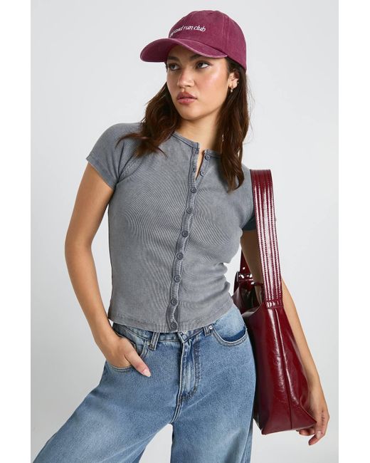 Boohoo Gray Acid Wash Button Through Cap Sleeve Top