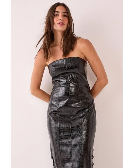 Nasty Gal Faux Leather Croc Bandeau Lace Up Maxi Dress in Black | Lyst