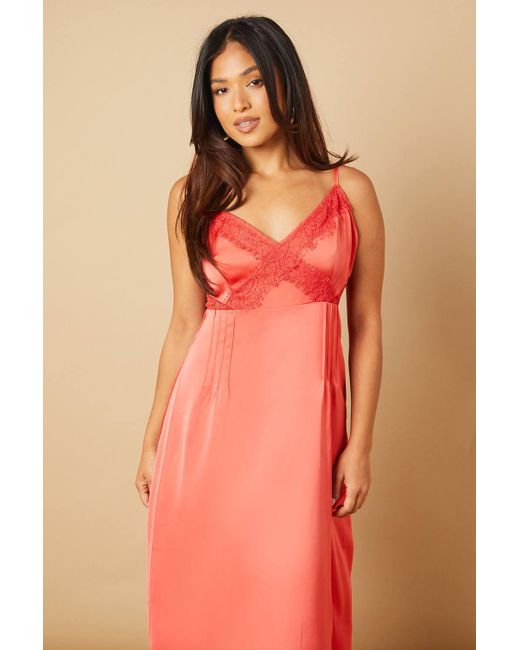 Oasis Orange Petite Strappy Satin Lace Insert Midi Dress