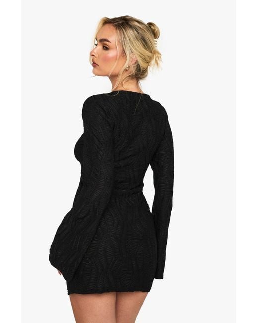 Boohoo Black Textured Flare Sleeve Slash Neck Mini Dress