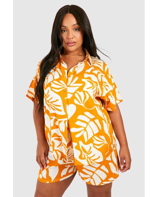 Boohoo Orange Plus Printed Short Sleeve Shirt & Short Co Ord