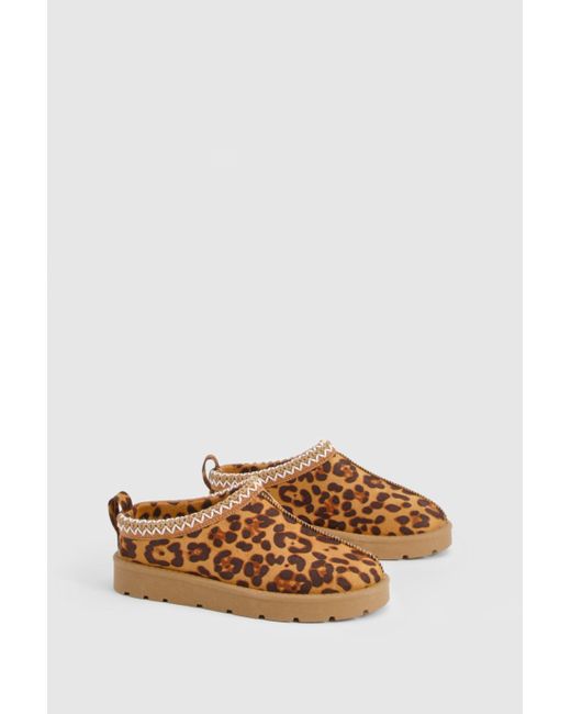 Boohoo Brown Embroidered Leopard Cosy Mules