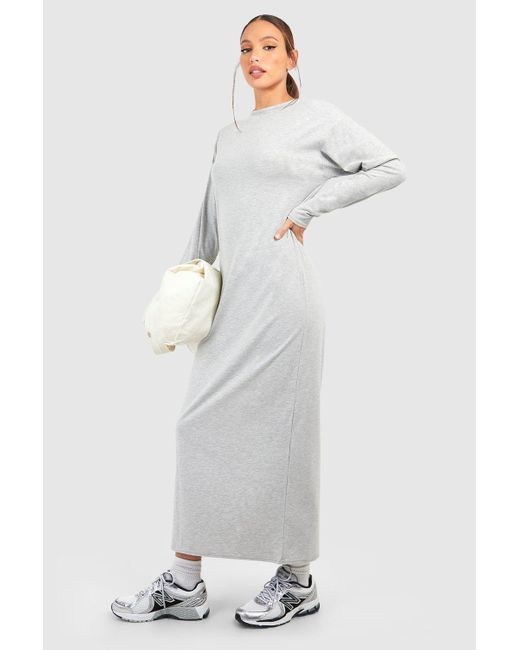 Boohoo Gray Tall Cotton Longsleeve T-shirt Column Midaxi Dress