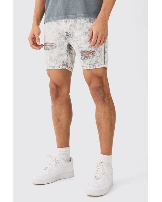 BoohooMAN White Skinny Ripped Denim Shorts In Ice Grey for men