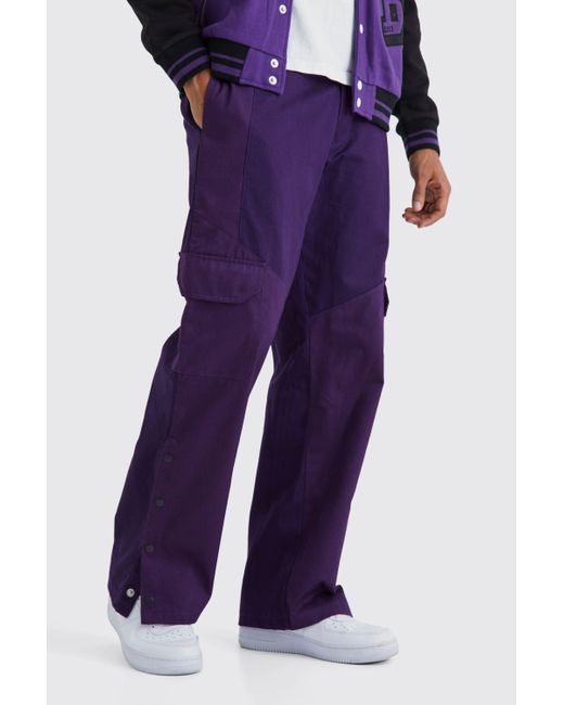 Boohoo Purple Slim Fit Colour Block Cargo Trouser With Woven Tab