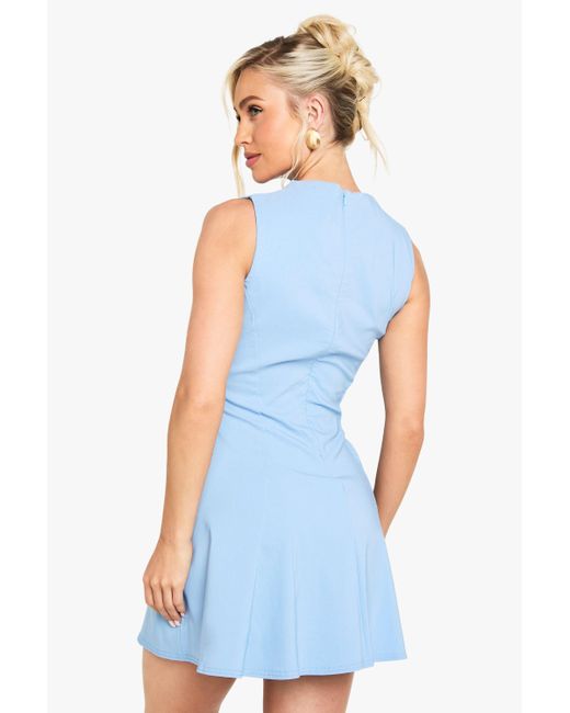 Boohoo Blue Bengaline High Neck Skater Dress