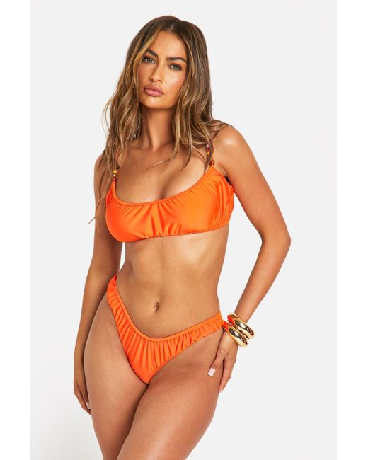 Boohoo Orange Beaded Ruched Scoop Bikini Set