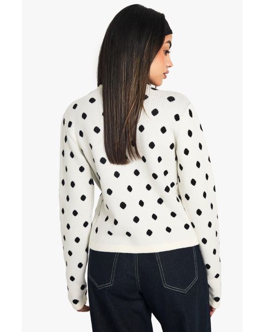 Boohoo White Polka Dot Crew Neck Knitted Cardigan