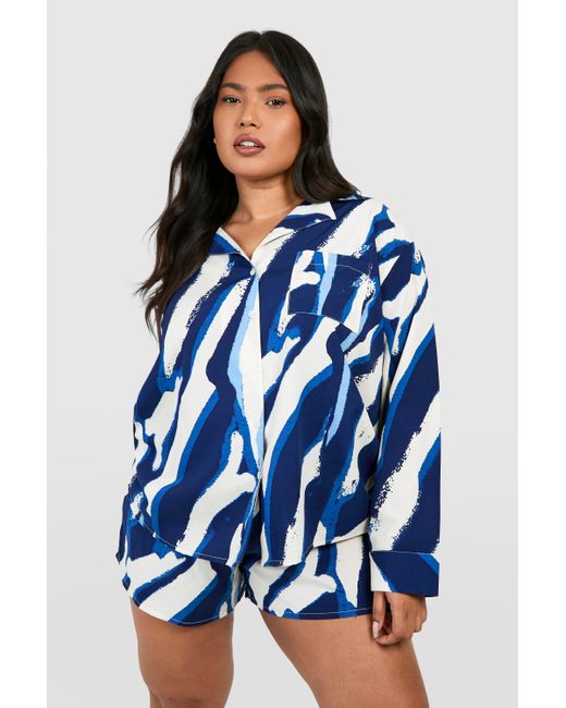 Boohoo Blue Plus Woven Zebra Print Long Sleeve Shirt & Short Co-ord