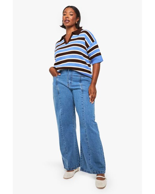 Boohoo Blue Plus Seam Detail Wide Leg Trouser