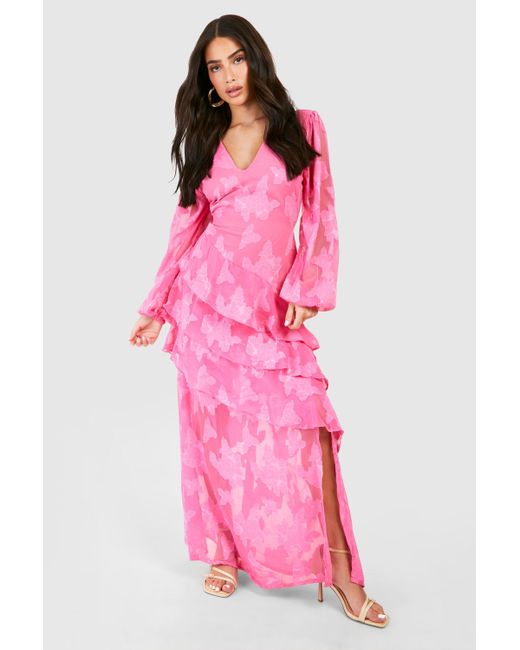 Boohoo Pink Petite Burnout Floral Frill Detail Maxi Dress