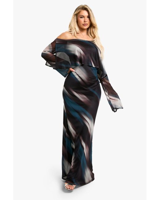 Boohoo Multicolor Drape Abstract Printed Mesh Maxi Dress