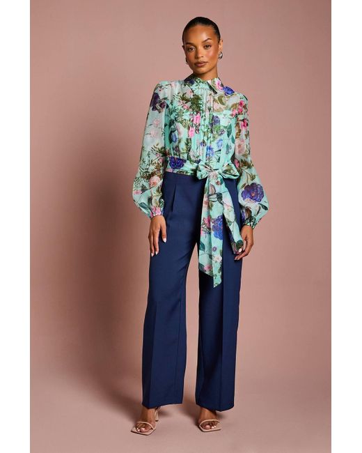 Coast Blue Petite Printed Blouson Sleeve Pintuck Detail Wide Leg Jumpsuit