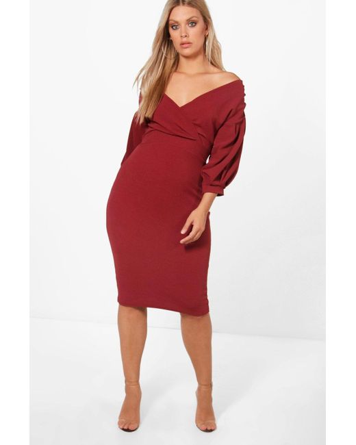 boohoo plus off the shoulder wrap midi dress