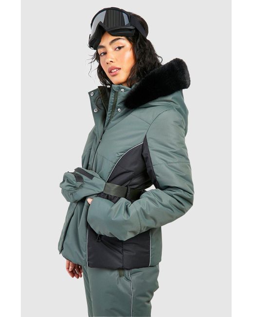Boohoo Blue Faux Fur Trim Ski Jacket With Matching Bag
