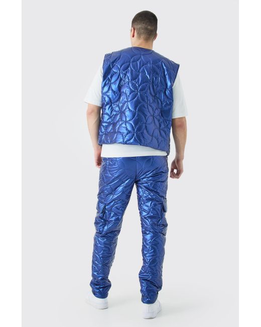 BoohooMAN Blue Tall Elasticated Waist Metallic Quilted Cargo Trousers for men