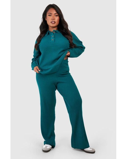 Boohoo Blue Plus Knitted Button Top & Pants Set