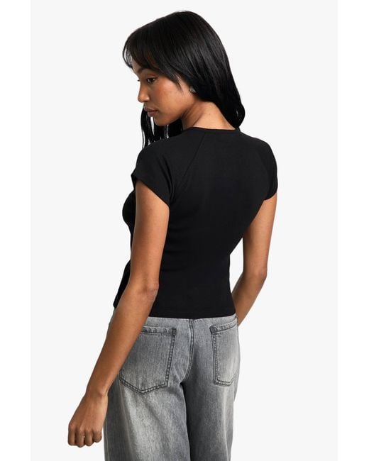 Boohoo Black Rib Button Through Cap Sleeve Top
