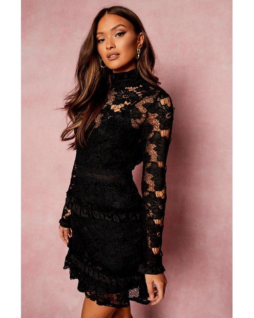 Boohoo Lace High Neck Long Sleeve Tiered Mini Dress in Black - Lyst