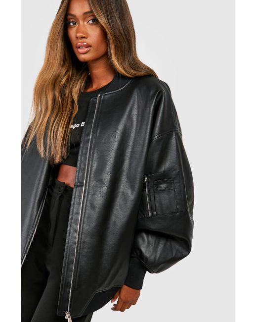 Boohoo Black Oversized Faux Leather Bomber Jacket