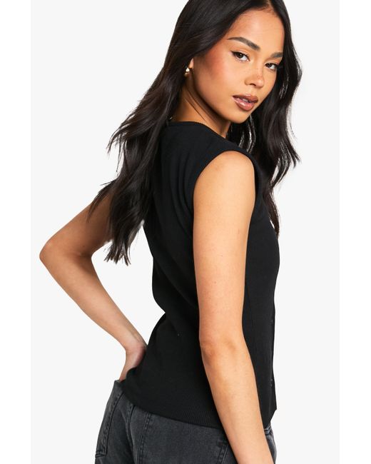 Boohoo Black Heavy Rib Button Through Sleevless Top