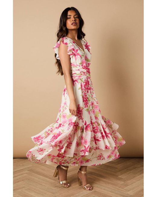 Oasis Pink Petite Printed Twist Front Detail Tiered Midi Dress