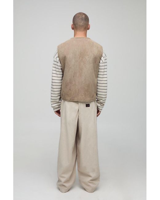 BoohooMAN Brown Boxy Fit Reversible Borg & Suede Gilet for men