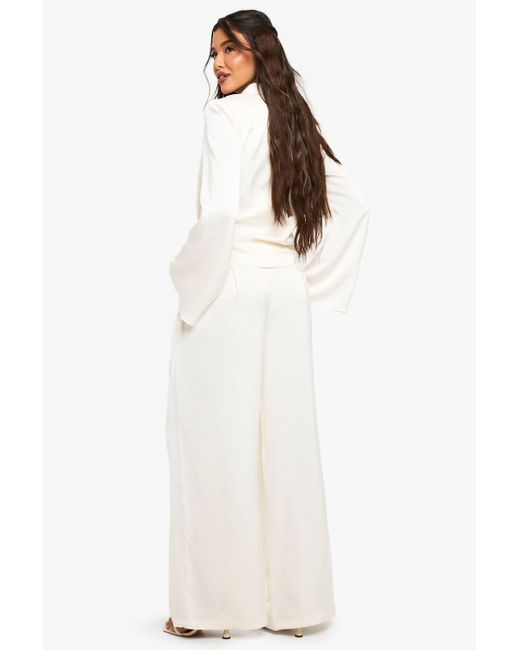 Boohoo White Satin Pleated Wide Leg Trouser