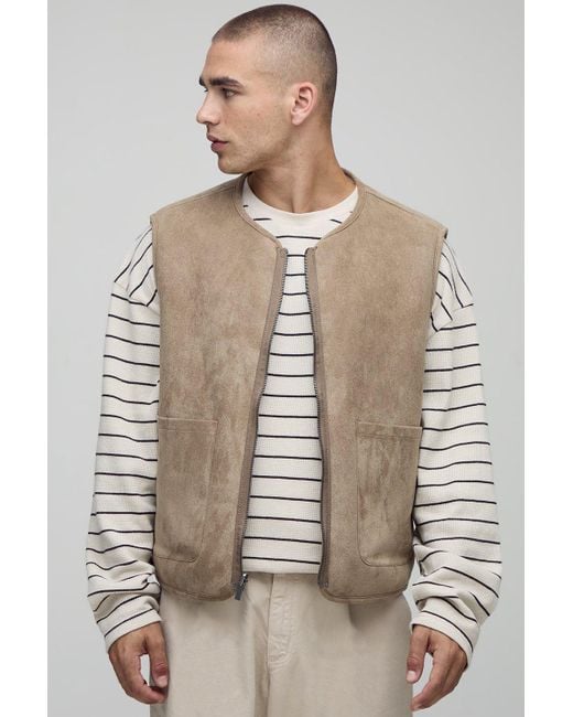 BoohooMAN Brown Boxy Fit Reversible Borg & Suede Gilet for men