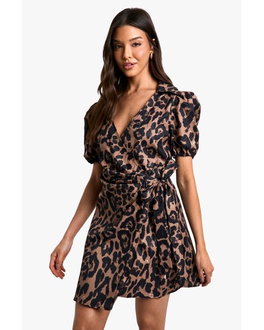 Boohoo Black Leopard Wrap Smock Dress