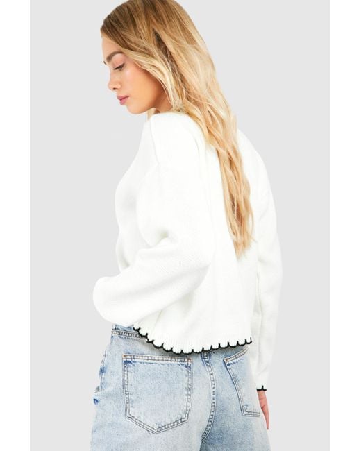 Blanket Stitch Knitted Crop Cardigan Boohoo de color White