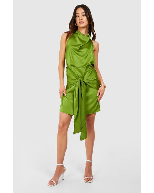 Boohoo Green Tall Satin Halterneck Wrap Mini Dress