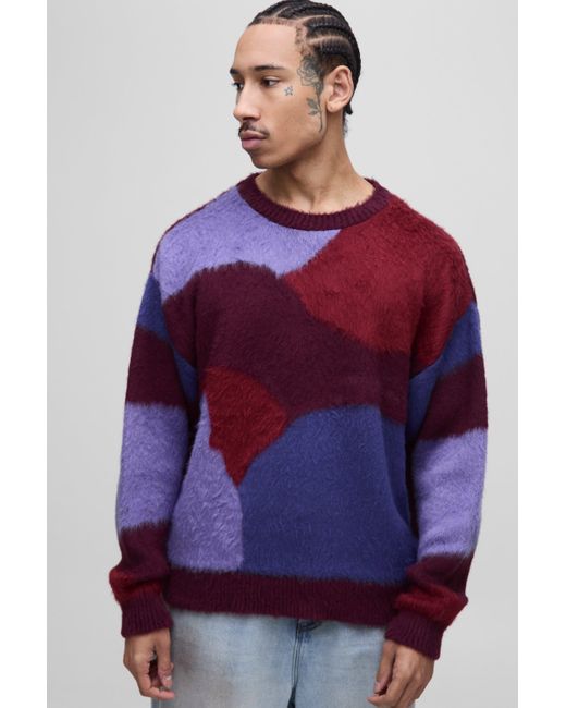 BoohooMAN Purple Oversized Boxy Abstract Fluffy Knitted Jumper for men