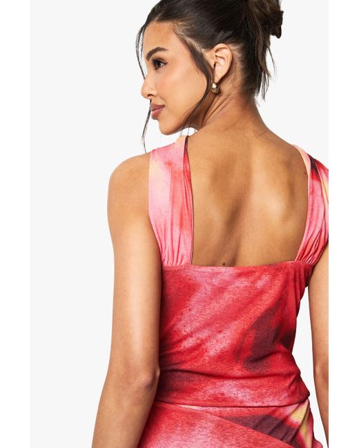 Boohoo Printed Textured Mesh Halterneck Trim Detail Top