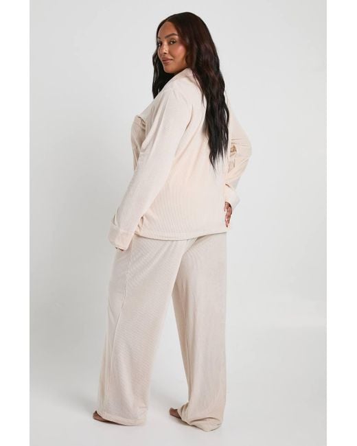 Boohoo Natural Plus Rib Velour Trouser Pj Set