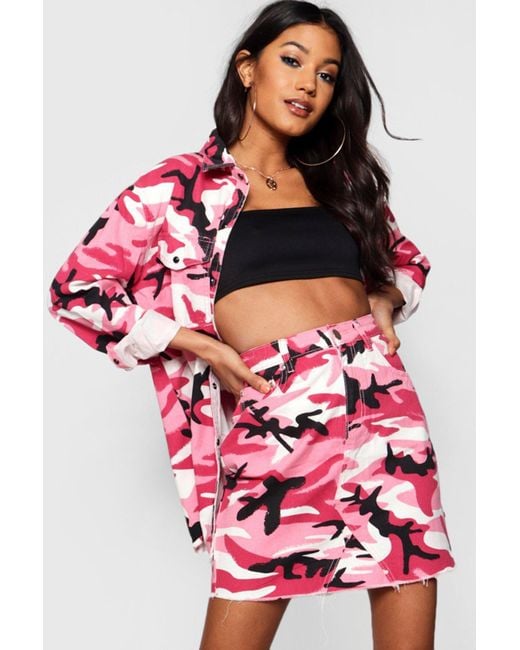 Boohoo Pink Camo Print Micro Mini Denim Skirt Lyst