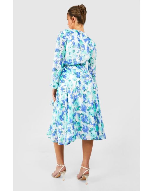 Boohoo Blue Floral Wrap Belted Midi Dress