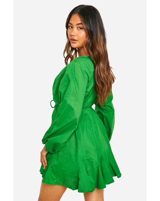 Boohoo Green Cotton Long Sleeve Godet Mini Dress