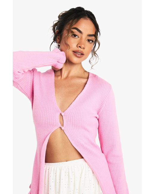 Cárdigan De Punto Suave Con Botones Y Filo Ondulado Boohoo de color Pink