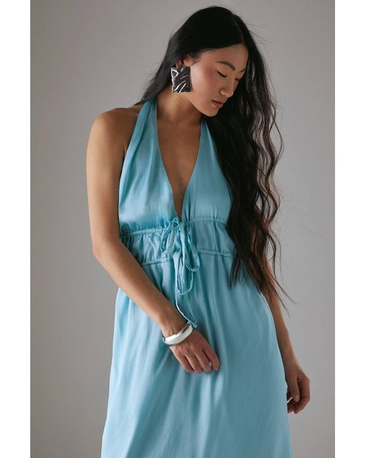 Warehouse Blue Petite Crinkle Satin Halter Drawstring Waist Bias Midi Dress