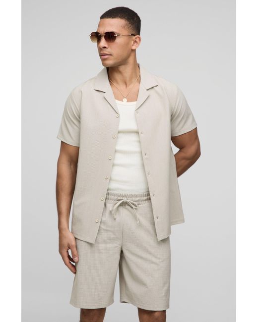 BoohooMAN Natural Regular Fit Seersucker Stripe Shirt & Short Set for men