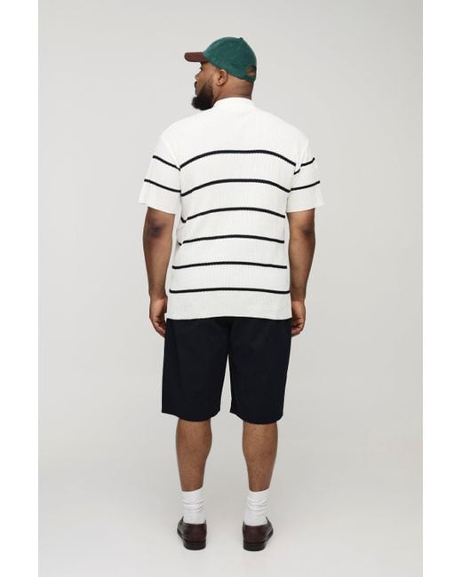 BoohooMAN Plus geripptes Strick-Poloshirt mit Streifen in Natural für Herren