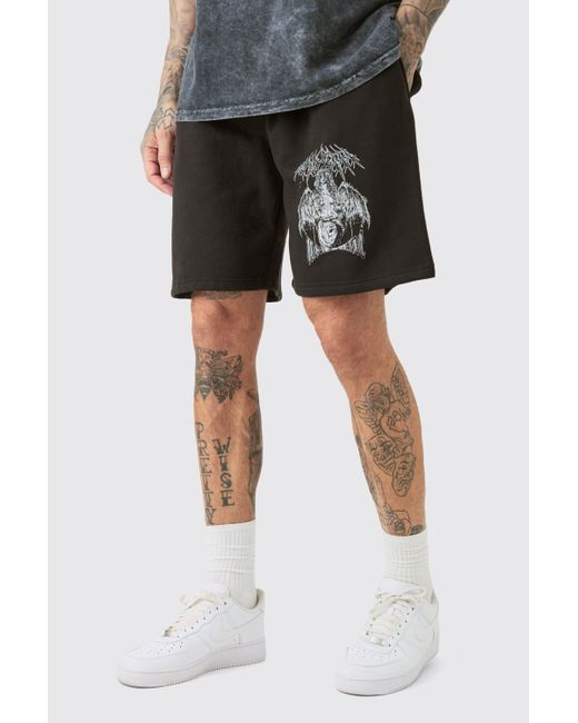BoohooMAN Tall Oversized Fit Gothic Print Jersey Shorts in Black für Herren