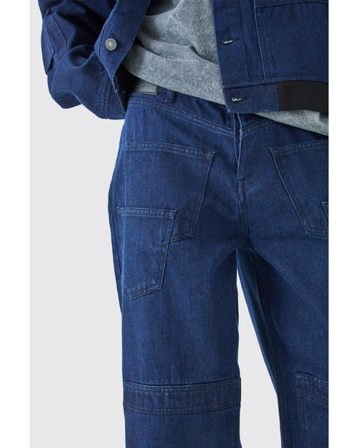 BoohooMAN Blue Tall Baggy Rigid Multi Pocket Carpenter Jeans for men