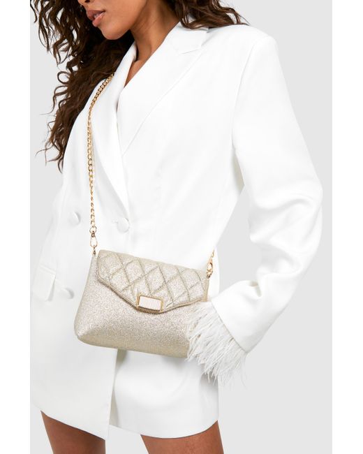 Boohoo White Gold Quilted Cross Body Glitter Bag