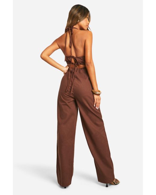 Boohoo Brown Linen Blend Cut Out Strappy Jumpsuit