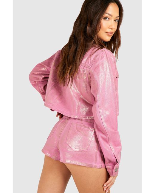 Boohoo Pink Metallic Coated Denim Crop Jacket